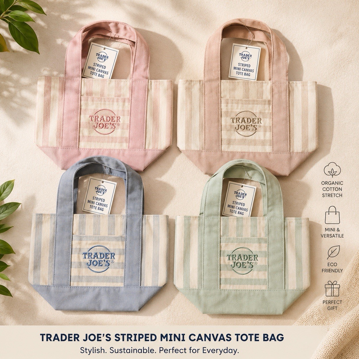 Trader Joe’s Striped Mini Canvas Tote Bag Set of 4 Pink Blue Green Beige Reuse