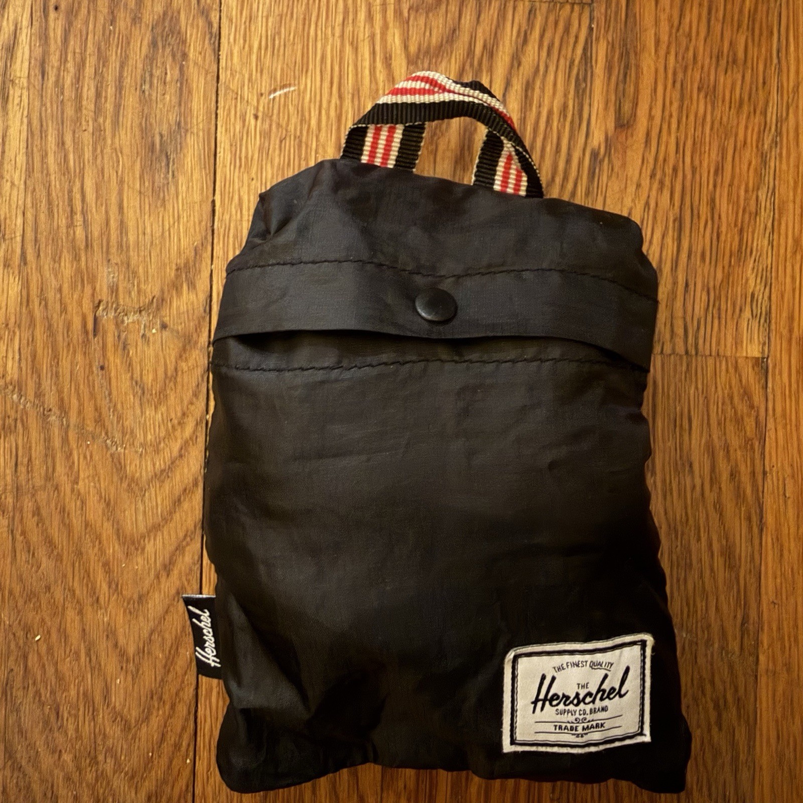Herschel Reuseable Packable Tote Bag Red Black Striped Handle