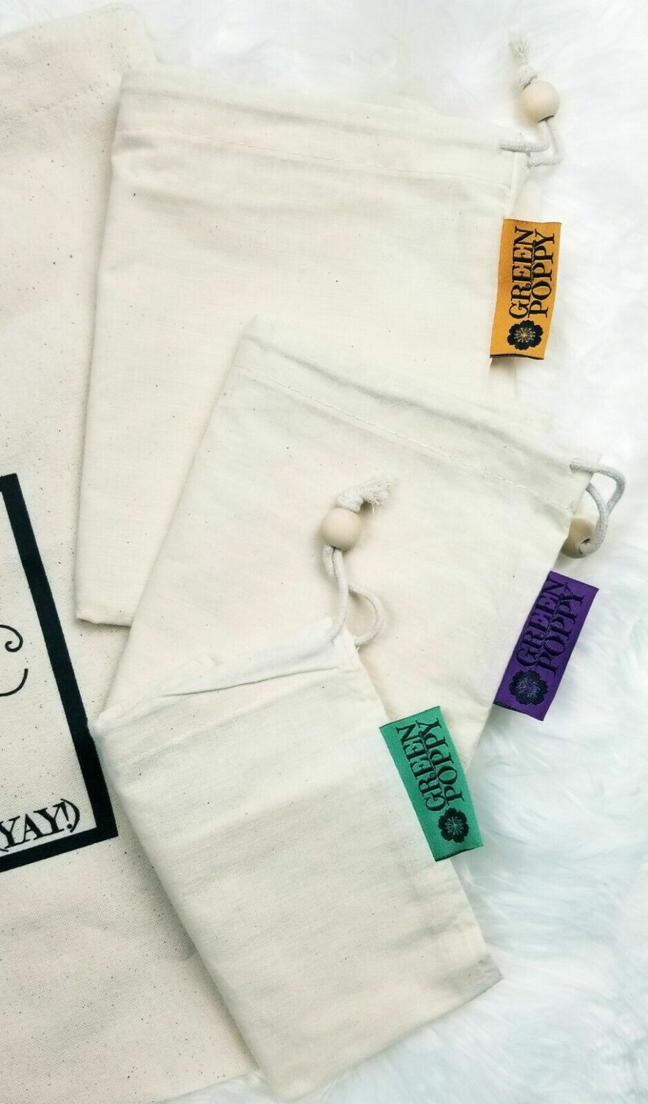 ✿ Organic Cotton Reusable Grocery & Produce Bags Set Mesh Canvas Wood Drawstring
