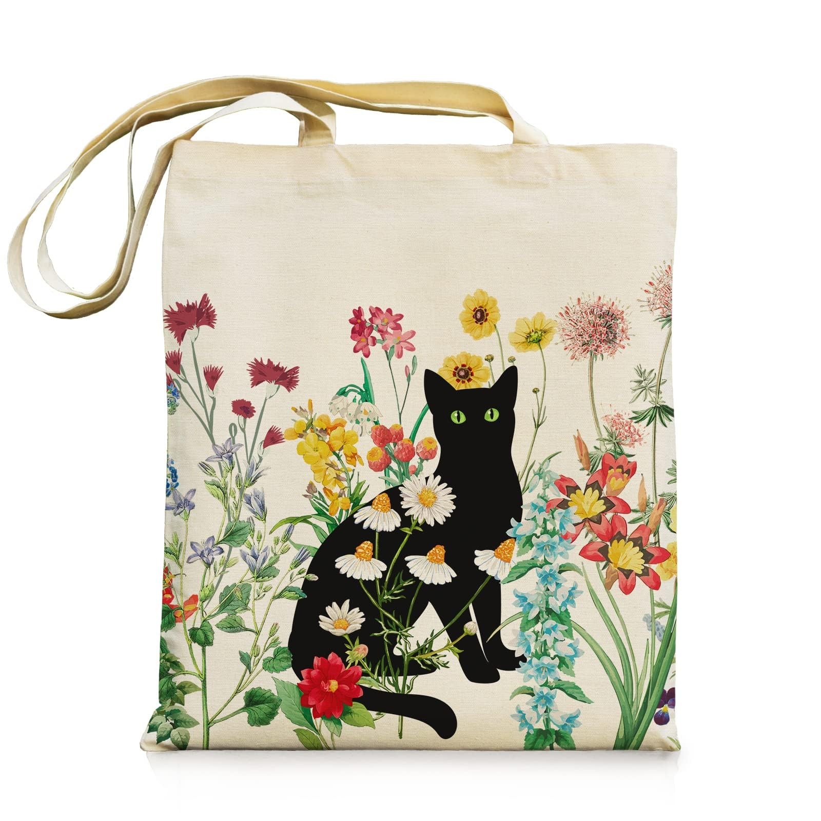 Zipper Pocket Tote, Vintage Cat Design, Grocery Bag, Beige
