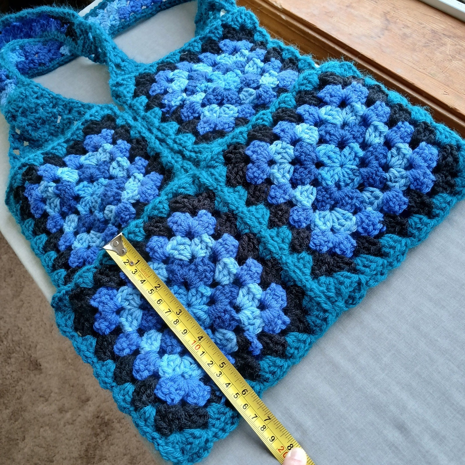 Granny Square Tote Bag Beach Bag reusable grocery sack blue teal black handmade