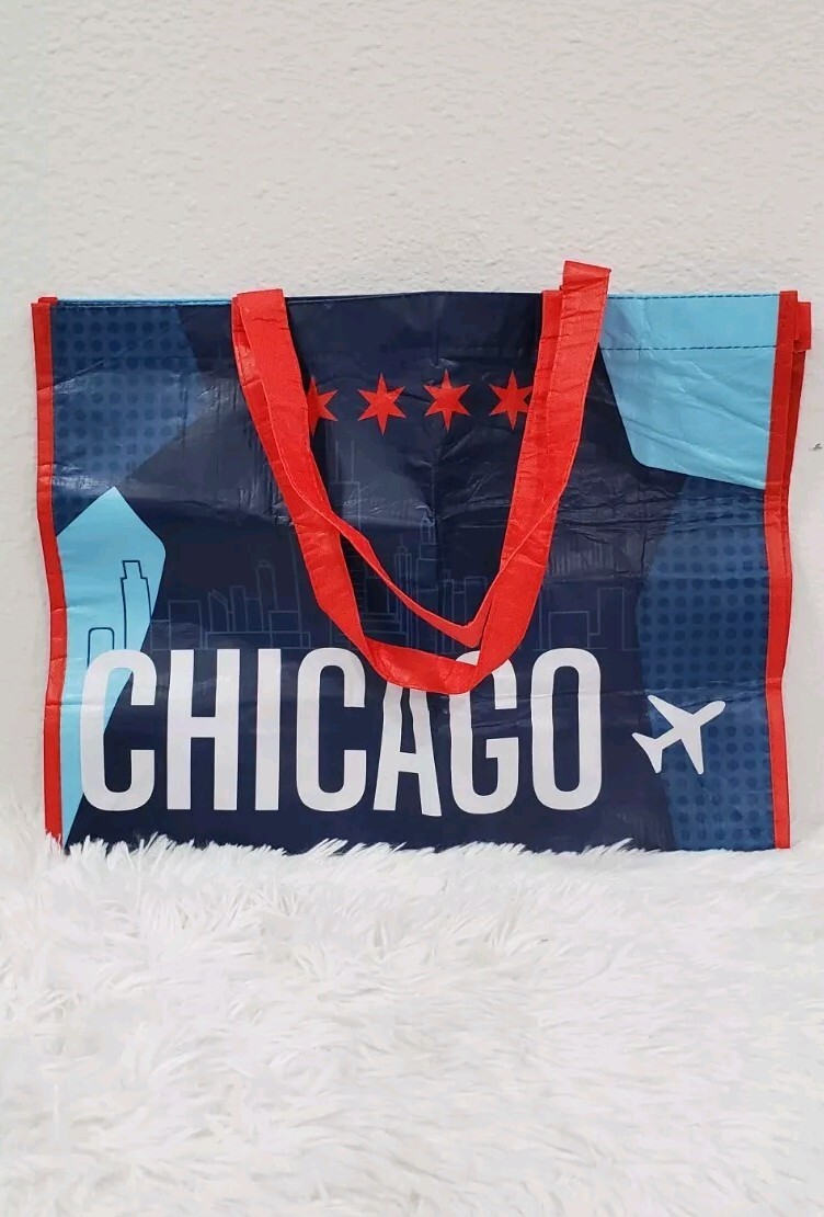 Chicago Reusable Shopping Bag – 12″x16″x5.5″ Red White Blue Airport Travel Tote