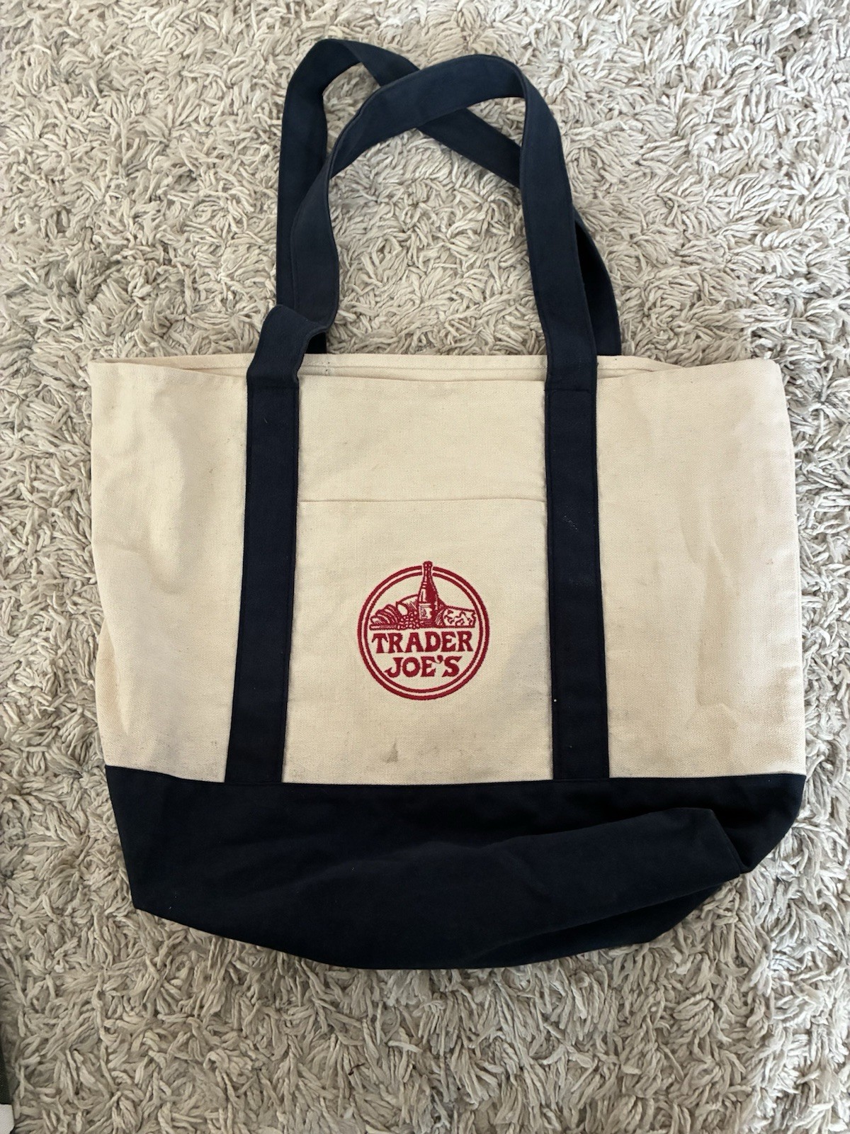 Trader Joe’s Foldable Canvas Tote Bag Beige Black Solid Reusable