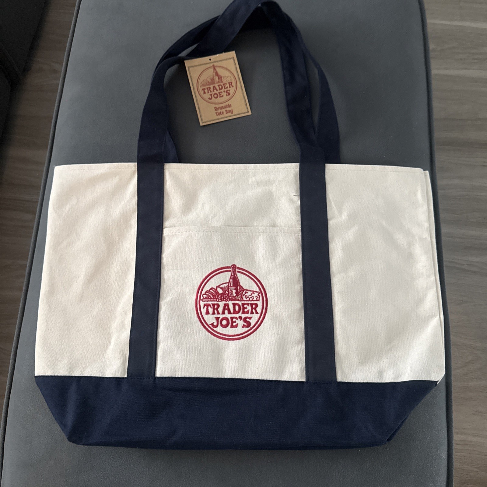 Trader Joe’s Canvas Reusable Tote Bag Foldable Beige Navy Blue Red Logo