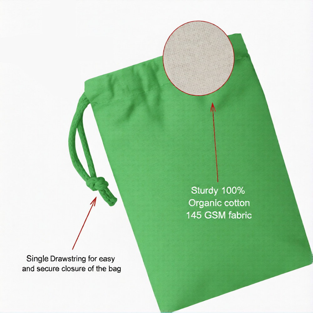 CharkaBags – 6 x 10 Inches Green Single Drawstring Reusable Washable Muslin Bags
