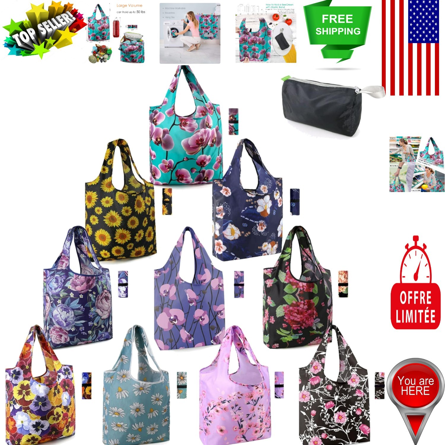 Extra Large 50lbs Floral Tote Bags – Machine Washable & Foldable for Convenience
