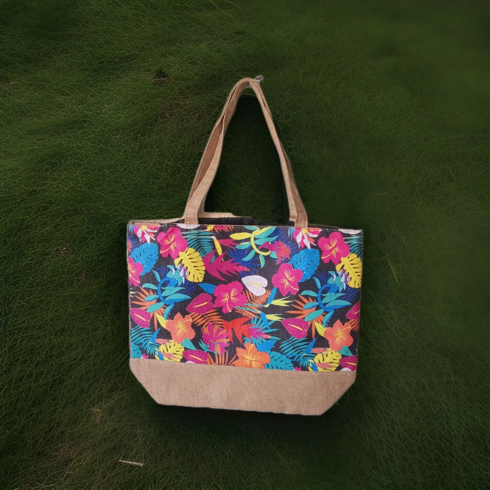 Multicolor Leaf Print Polyester Tote Reusable Bag Beige Handles green leaves.