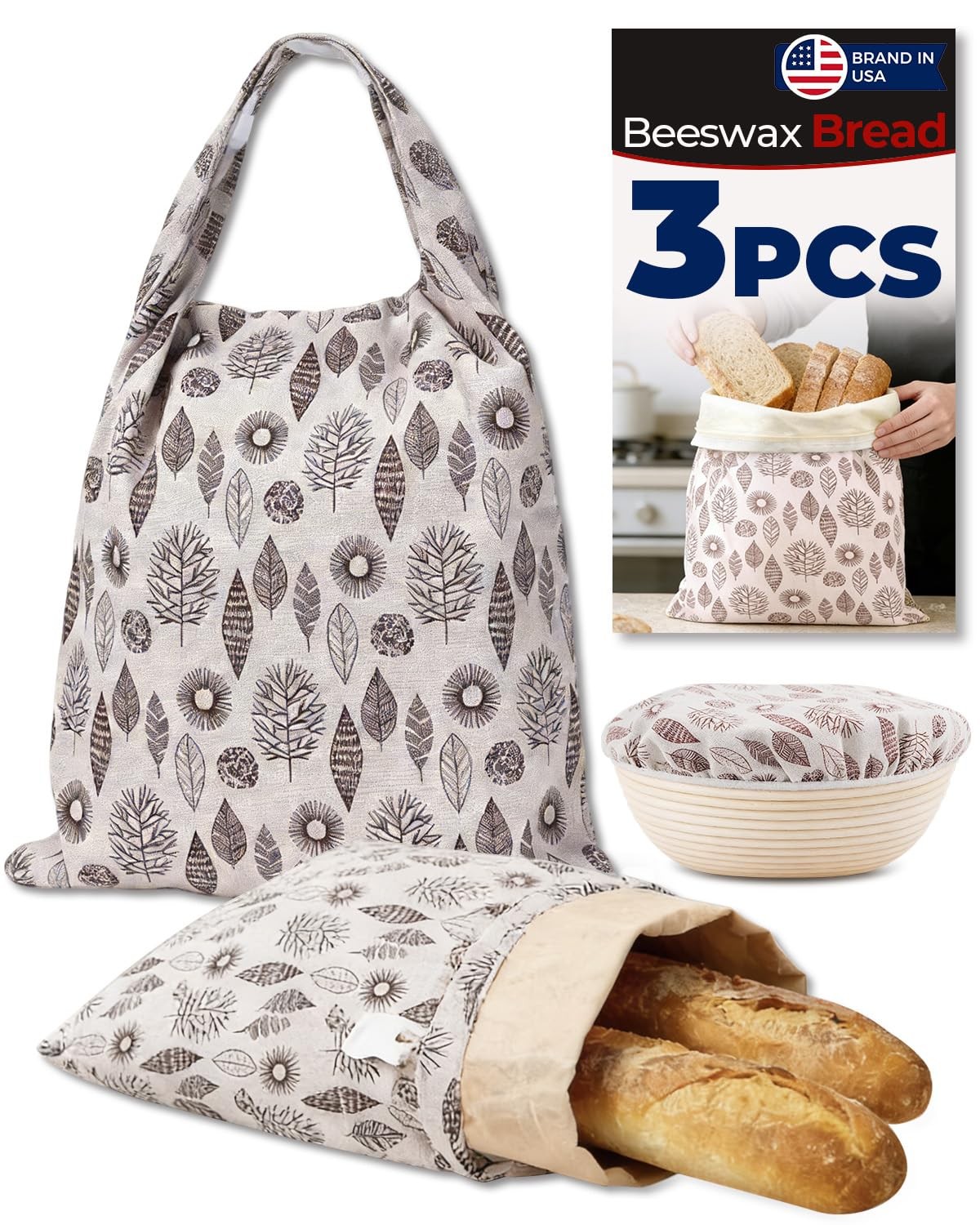 3Pcs Reusable Beeswax Bread Bags set, 17 inches x 13 inches, White