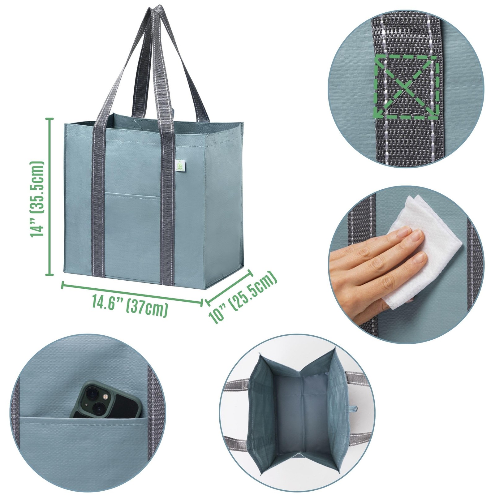 4 PCS Reusable Grocery Bags Heavy Duty Shopping Hard Bottom Light Blue
