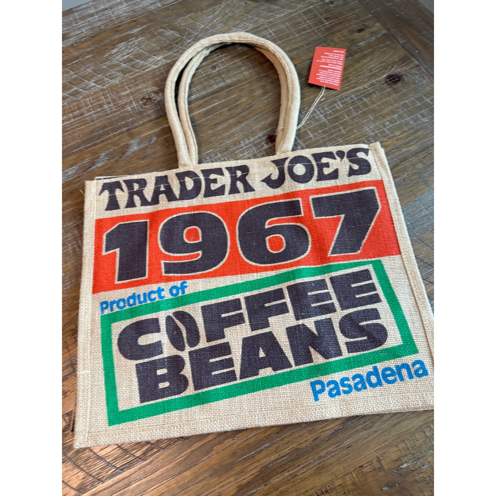 Trader Joes 1967 Coffee Beans Pasadena Jute Tote Bag Reusable 9 Gallon NWT