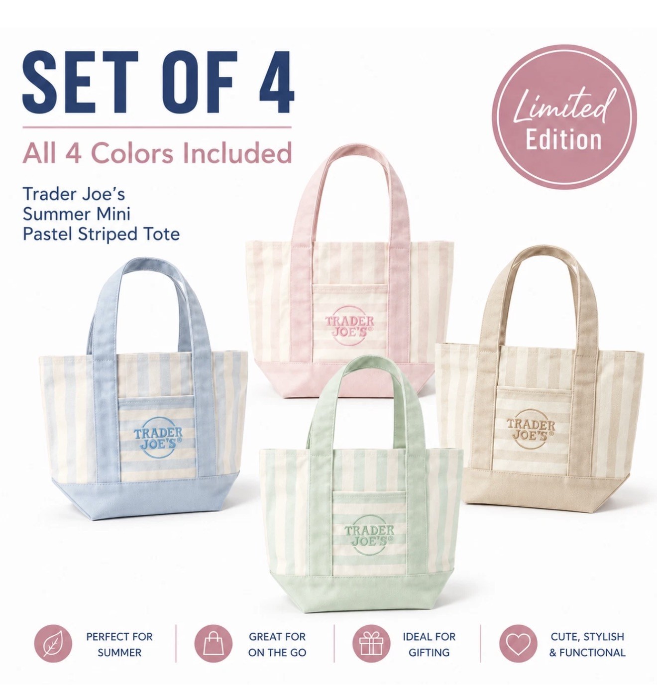 Trader Joe’s Mini Striped Canvas Tote Bag 4/4 Summer 2026 New with Tag In Hand
