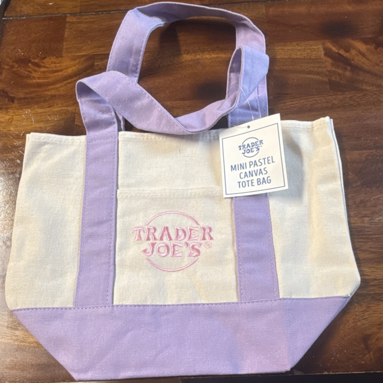 Trader Joe’s Mini Foldable Canvas Reusable Shopping Bag Purple Beige Small