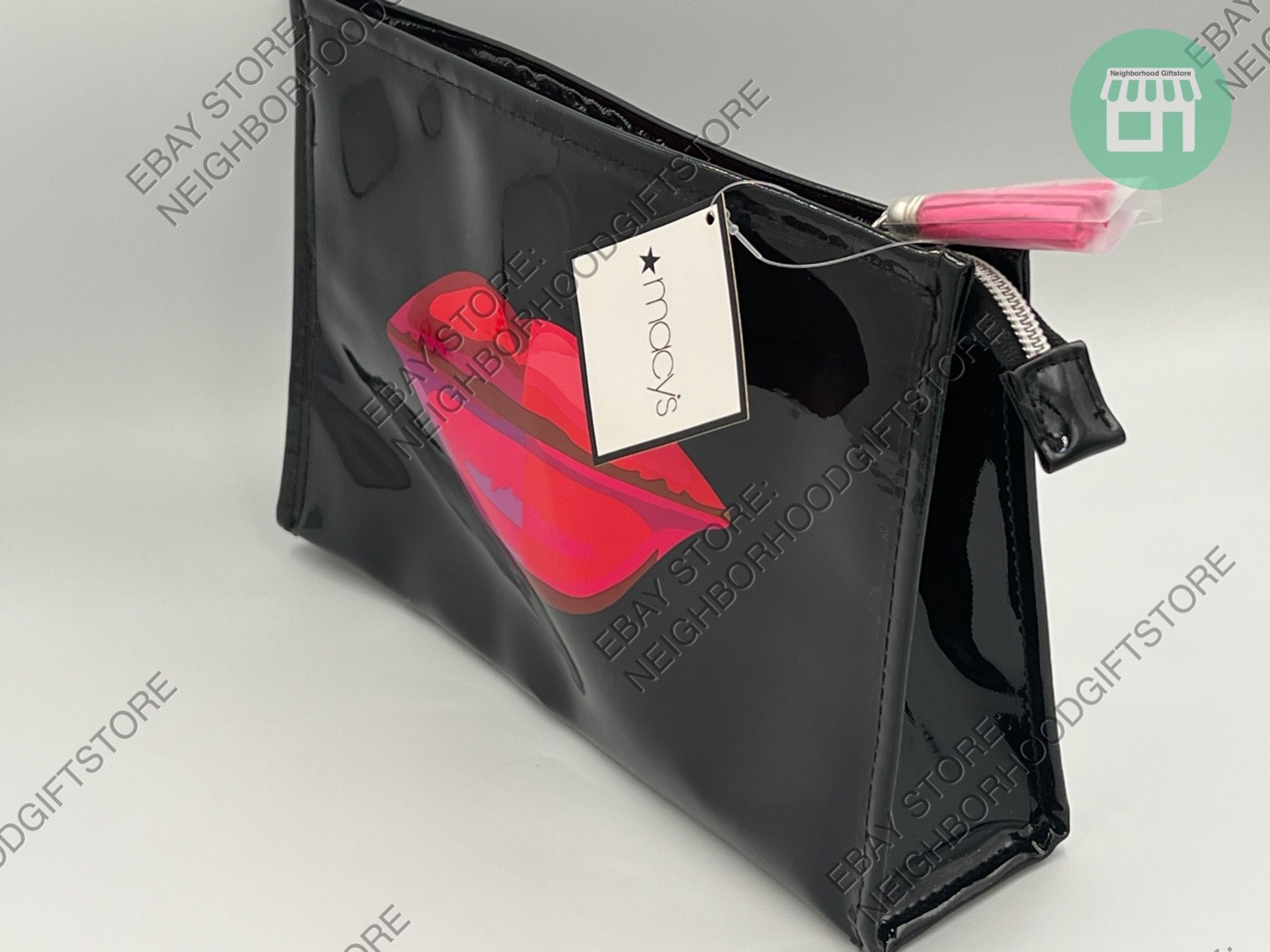 MACY’S Cosmetic Pouch Bag 10″x7″x2.5″ Vinyl Bag BLACK / RED LIP NEW PICTURES.