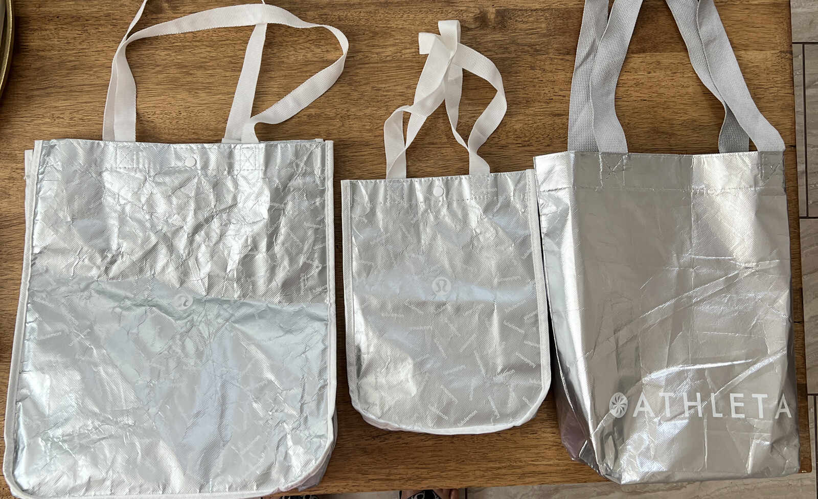 Lot Of 3 Lululemon & Athleta Reusable Shopping Bags Small & Medium Silver Tone