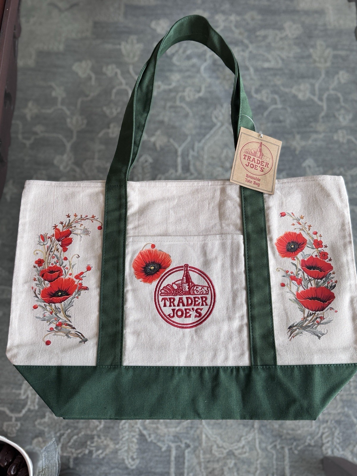 Trader Joe’s Canvas Reusable Shopping Bag Foldable Floral Beige Green Red