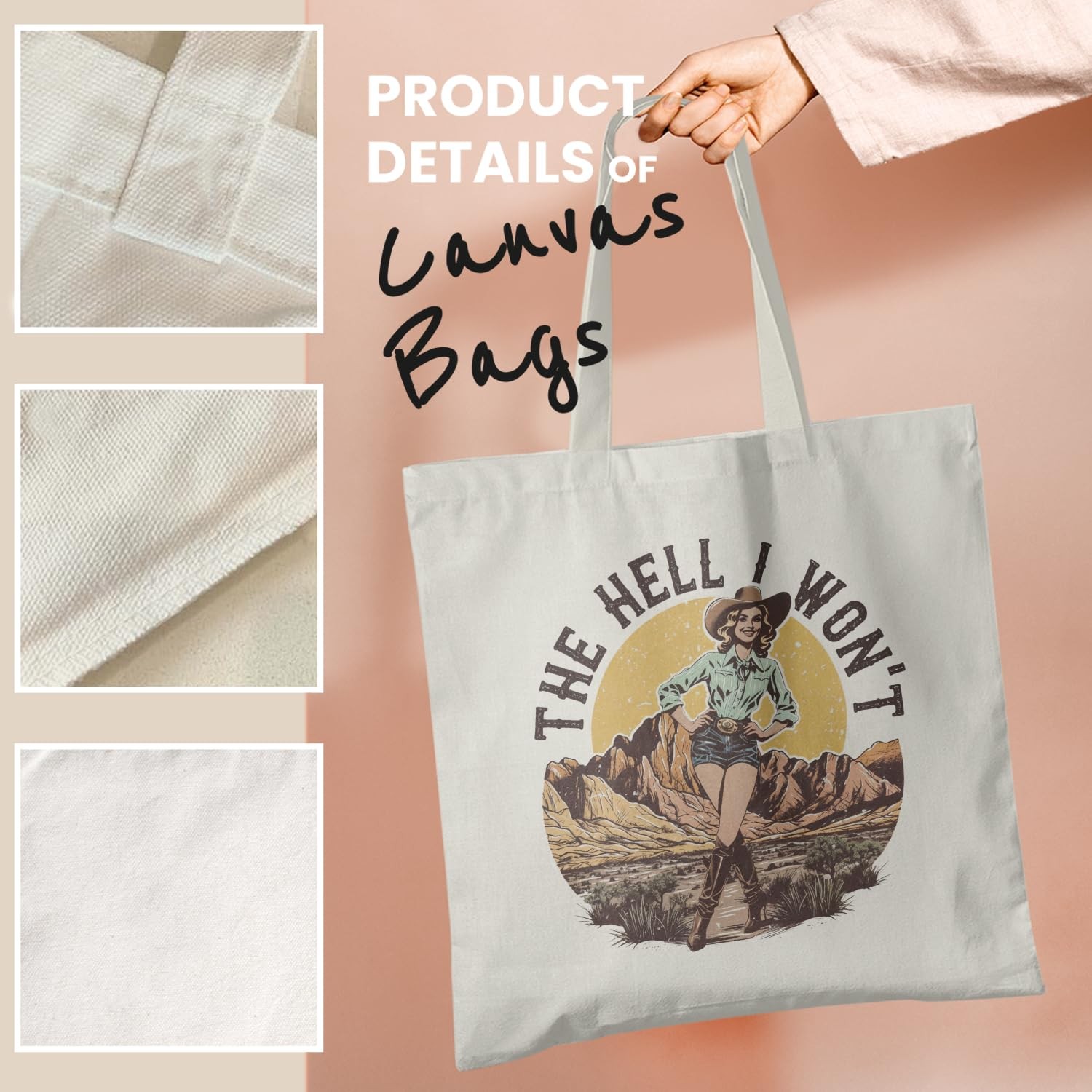 Vintage Boho Western Tote Bag, Country Western Cowgirl Canvas Tote Bags for W…