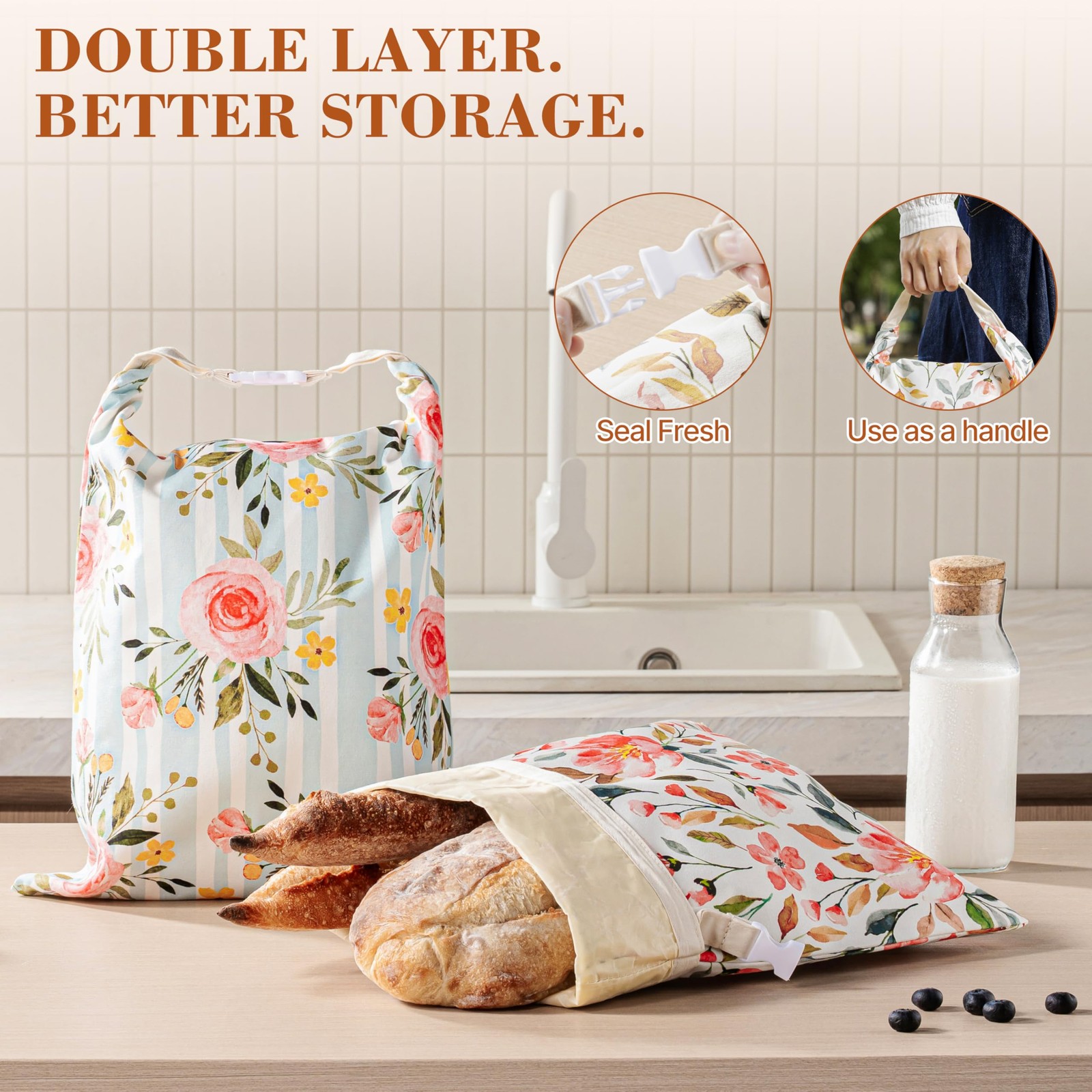 Augine Beeswax Bread Bag, 2 Pack 13 inches x 1 inch x 17 inches, Flower
