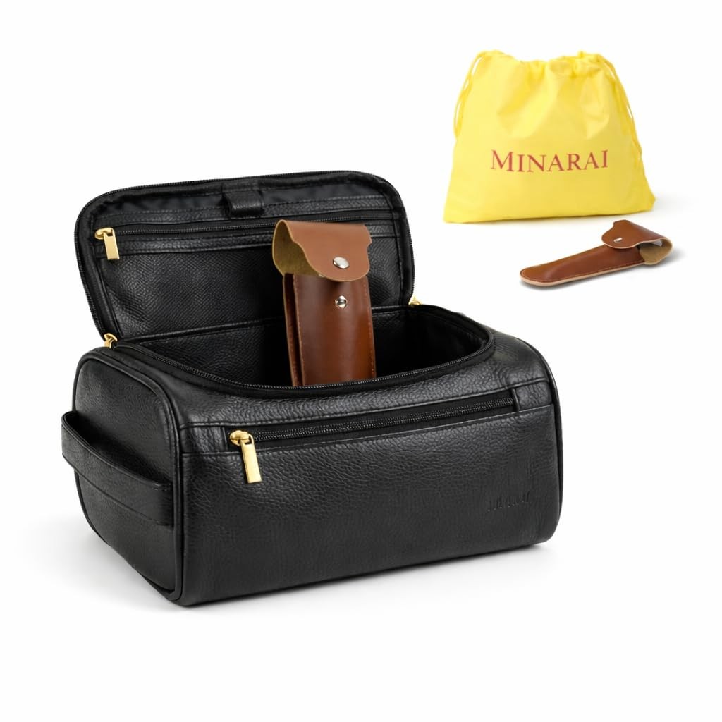 MINARAI Mens Toiletry Travel Bag with Razor Case & Dust – Premium Black