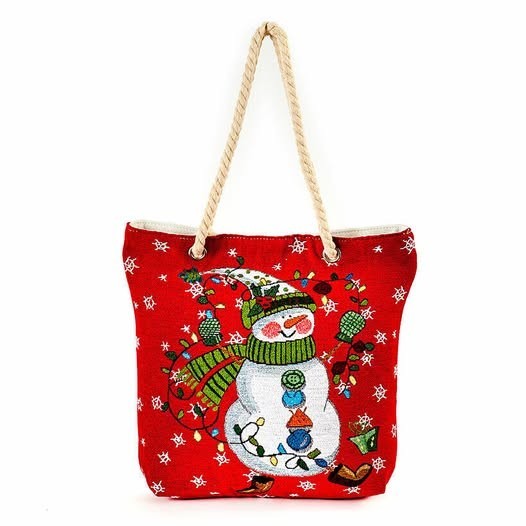 Holiday Bag Snowman Embroidered Rope Handle Christmas Shopping Tote