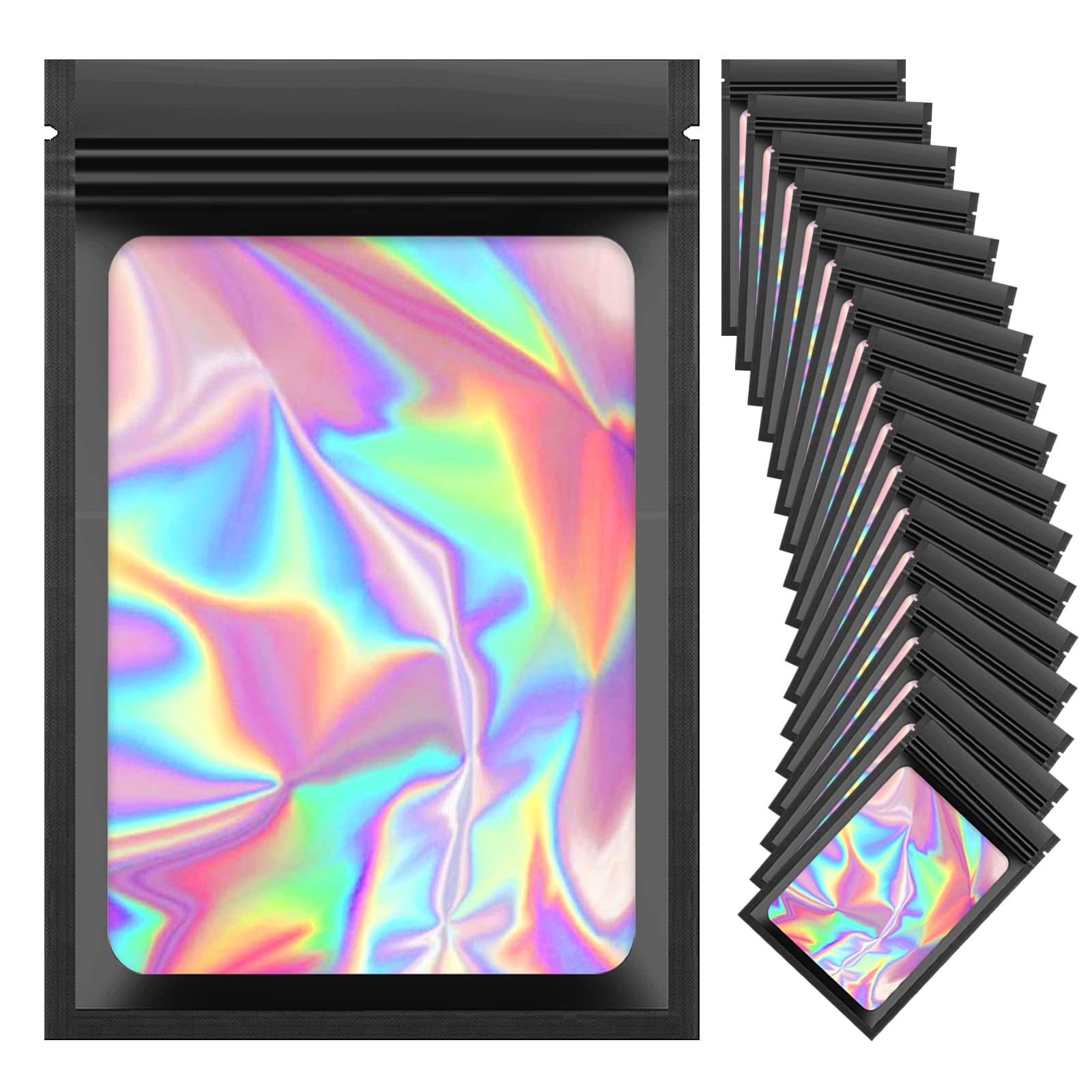 100 Pieces Resealable Mylar Bags, Small Holographic 2.4×4 Inch, Black