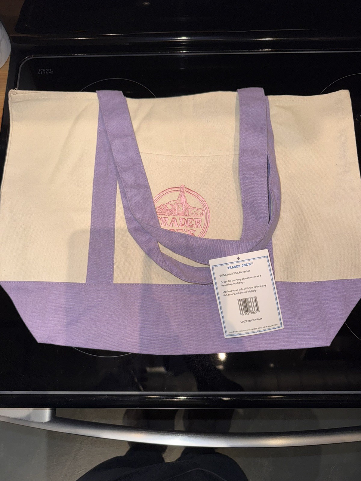 Trader Joe’s Foldable Canvas Pastel Tote Bag Purple Beige
