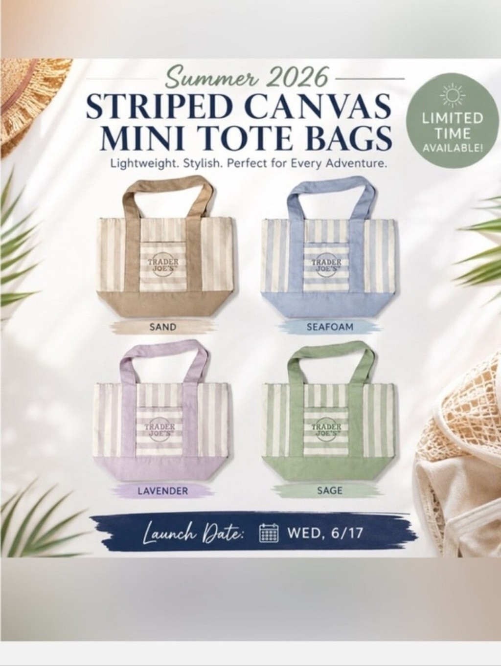 NWT Viral Trader Joe’s Pastel Striped Mini Canvas Tote Bags-Set Of 4