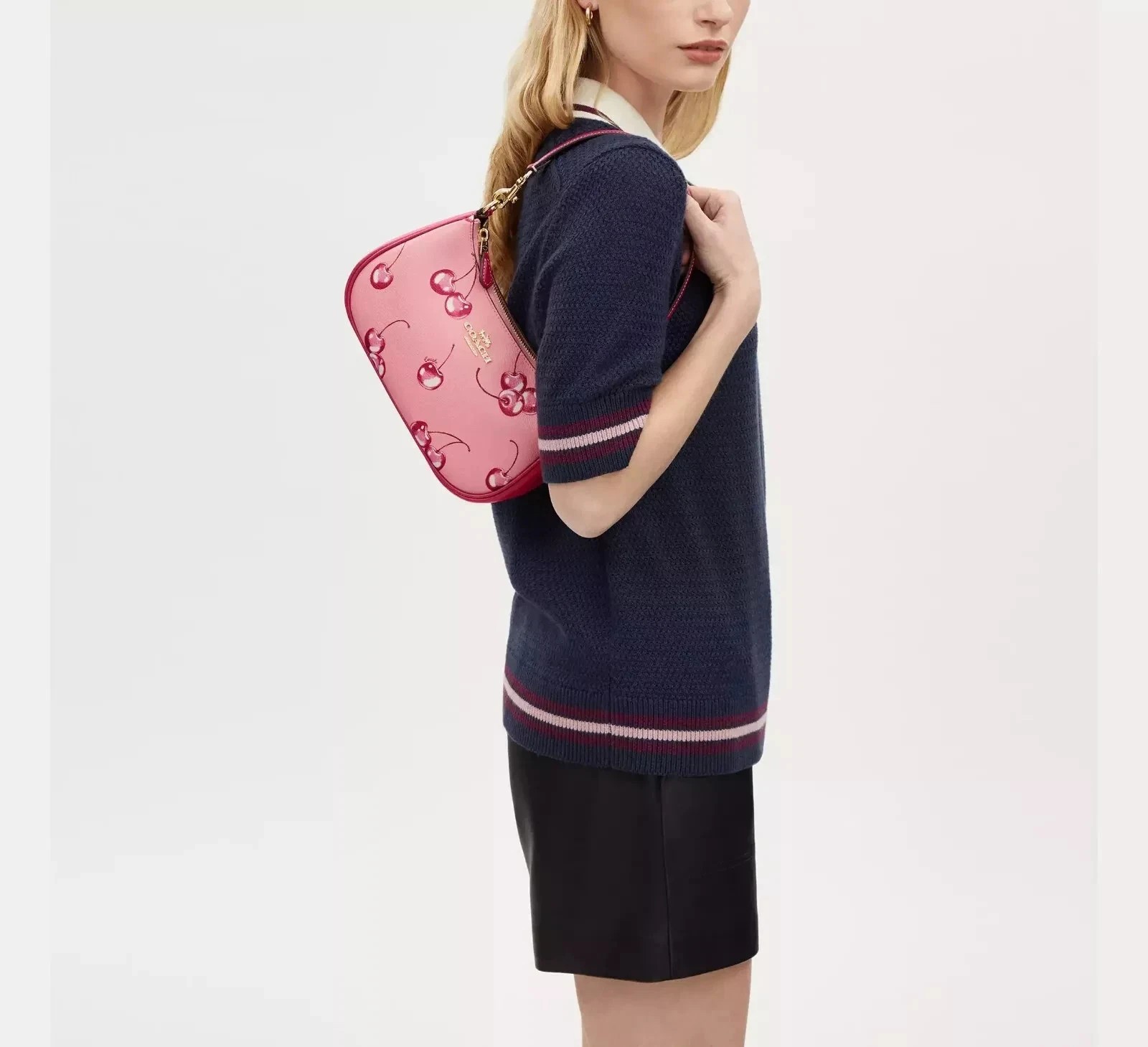 NWT Teri 2way Shoulder Bag Canvas Leather Cherry Print Pink CR290 New