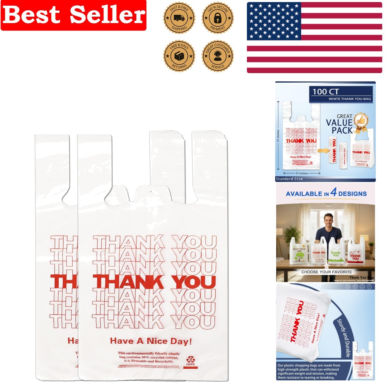 Durable 100 Count Thank You Plastic Bags 11”x6”x21” for Grocery & Retail