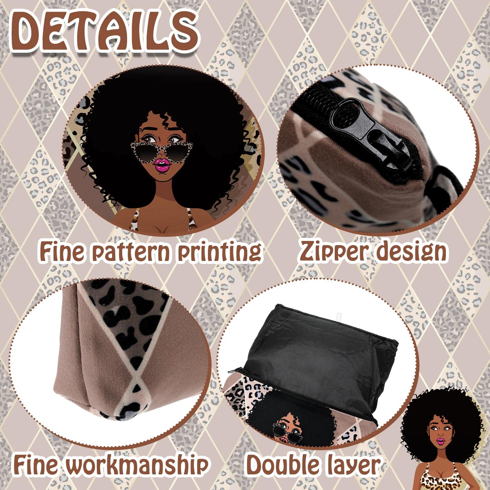 Chunful 6 Pcs Women Girl Makeup Bag African American Queen Cosmetic Elegant