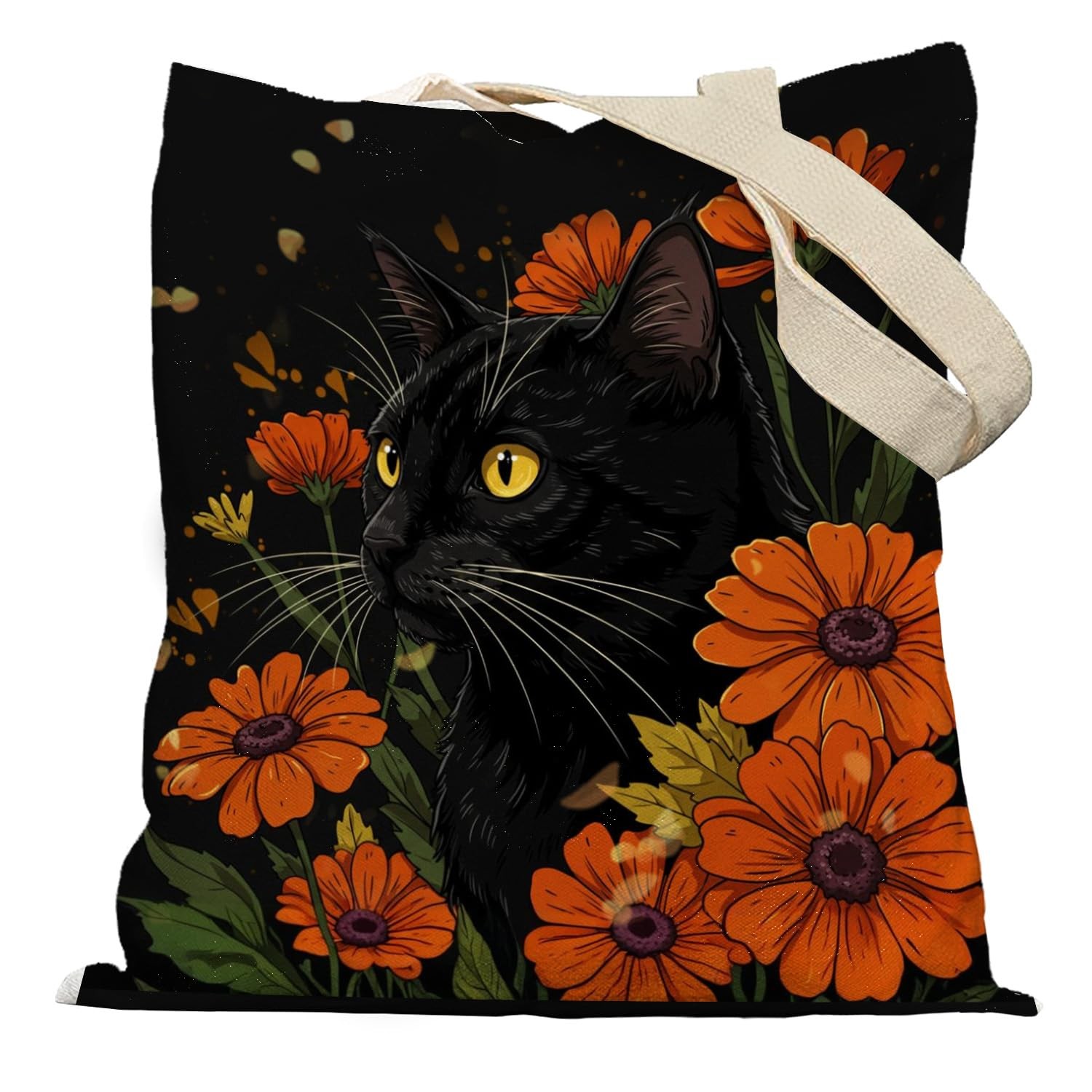 Floral Black Cat Canvas Tote Bag, Cat Mom Mother’s Day Gifts, Kitten Gifts fo…