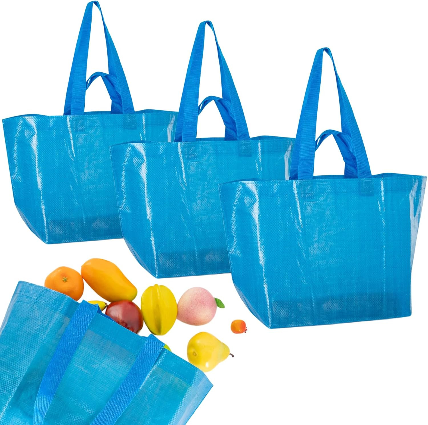 Reusable Grocery Bags Set of 3 Tote Bag – Durable Blue Shopping Bags with Handle