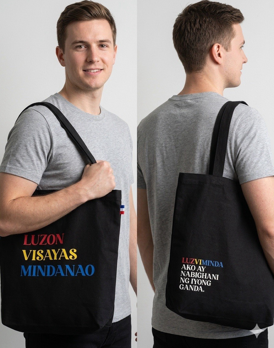 Black Canvas Medium Tote Bag 14×14 in Text Print “Luzon Visayas Mindanao”
