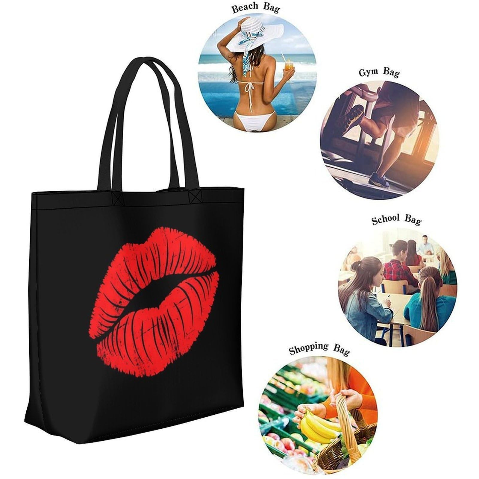 Muishi Red Lips Canvas Tote Bag Large Women Casual 16*20*6 inch, Multicolor5