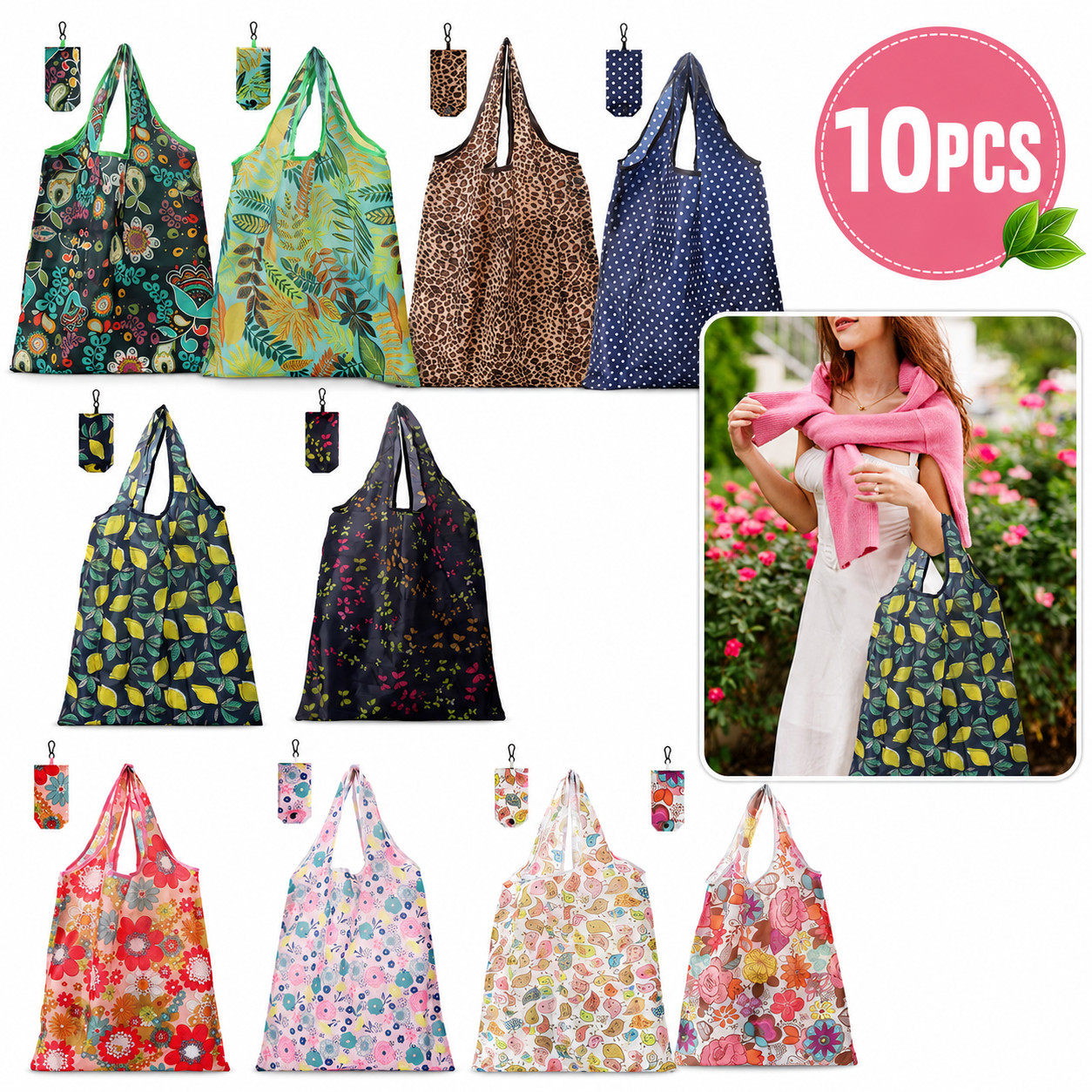 10PCS Large Reusable Grocery Bags Foldable Shopping Tote Bag Washable w/ Handle