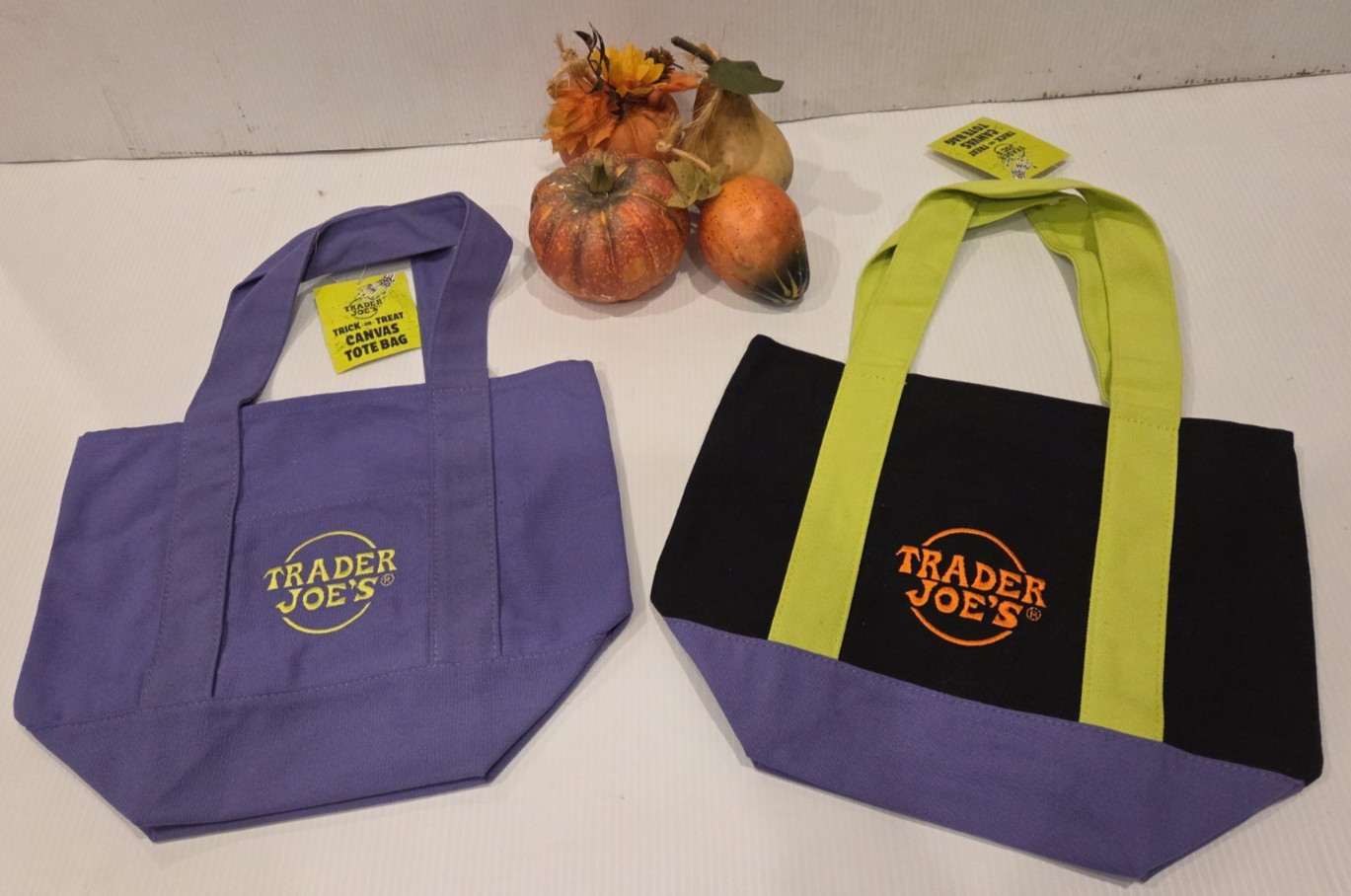 Set of 2 Trader Joe’s Mini Halloween Tote Bags Canvas Each with Pockets Purple+