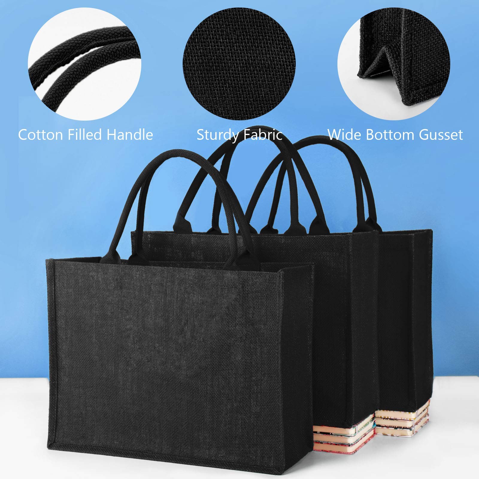 Tote Bags, 6 Pack Large Black Burlap Jute Reusable Canvas Gift Favors Bag wit…
