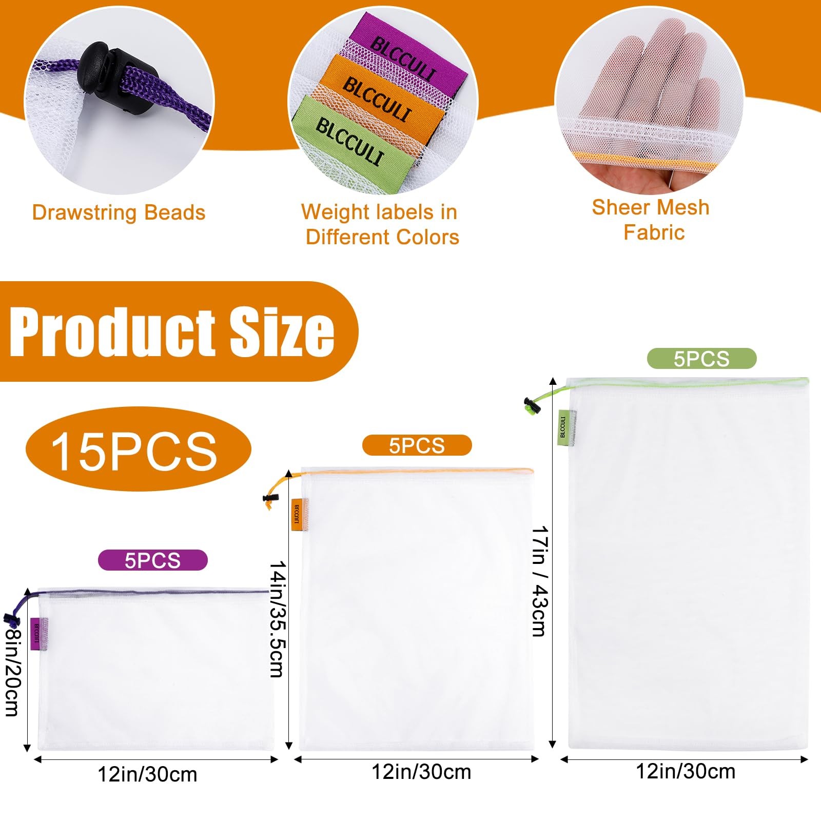 15 Pack Reusable Produce Bags,Washable Mesh Produce Bags,Mesh Grocery Bag wit…