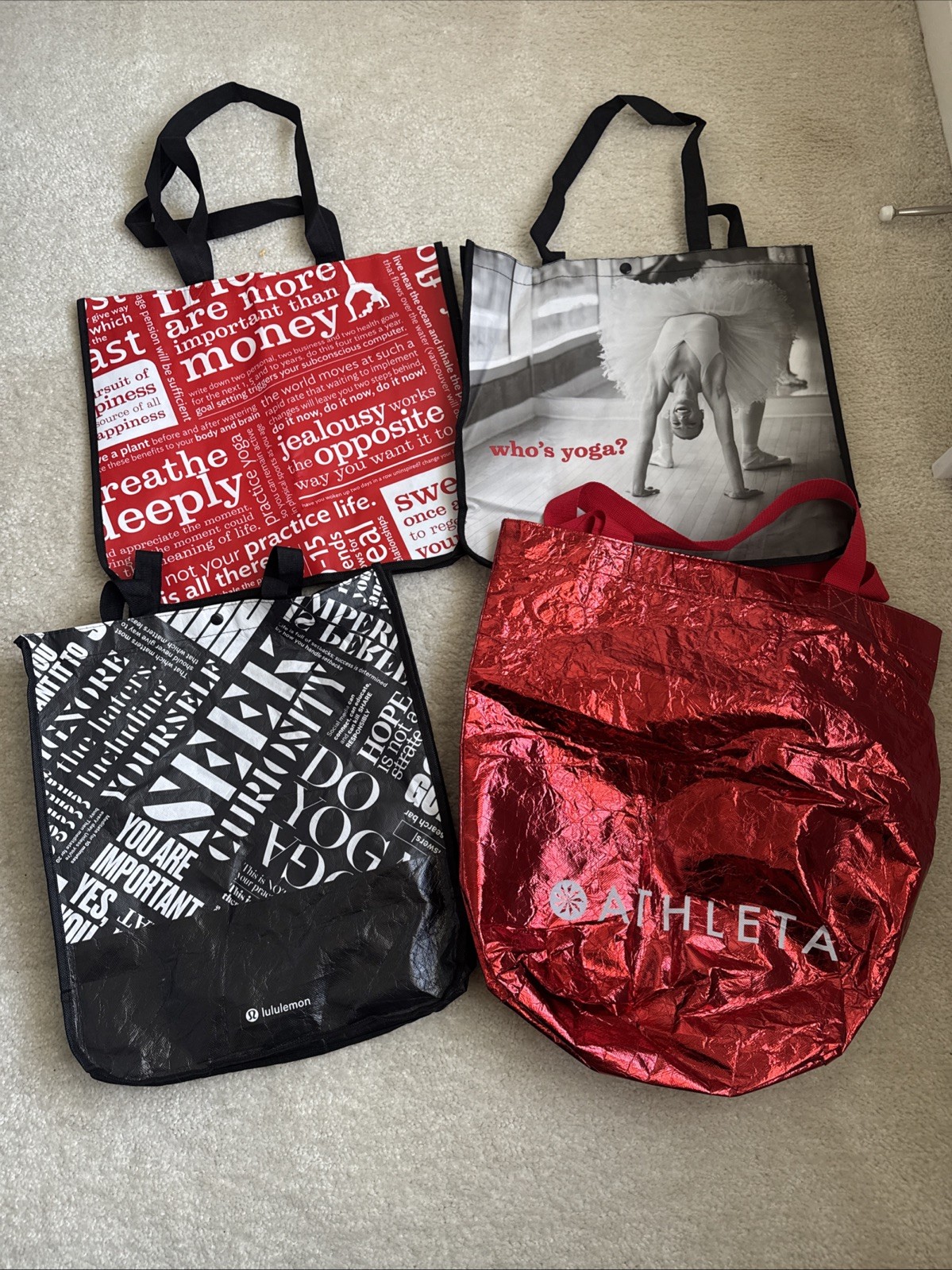 Lululemon Athleta Large Reusable Shopping Bag Red Black Grey Lot Of 4