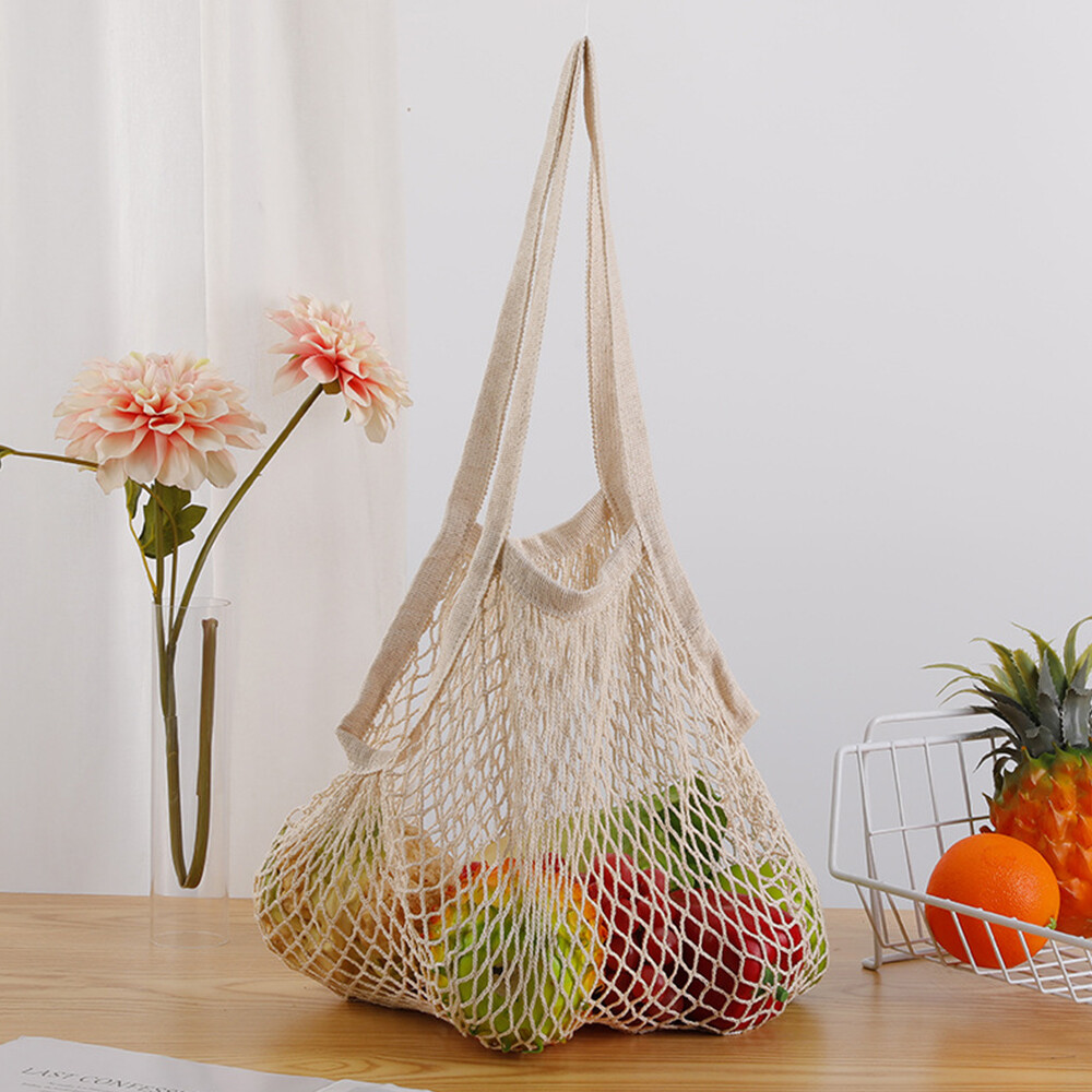Woven Cotton Mesh Bag Foldable String Long Handle Net Tote Fruit Vegetable New