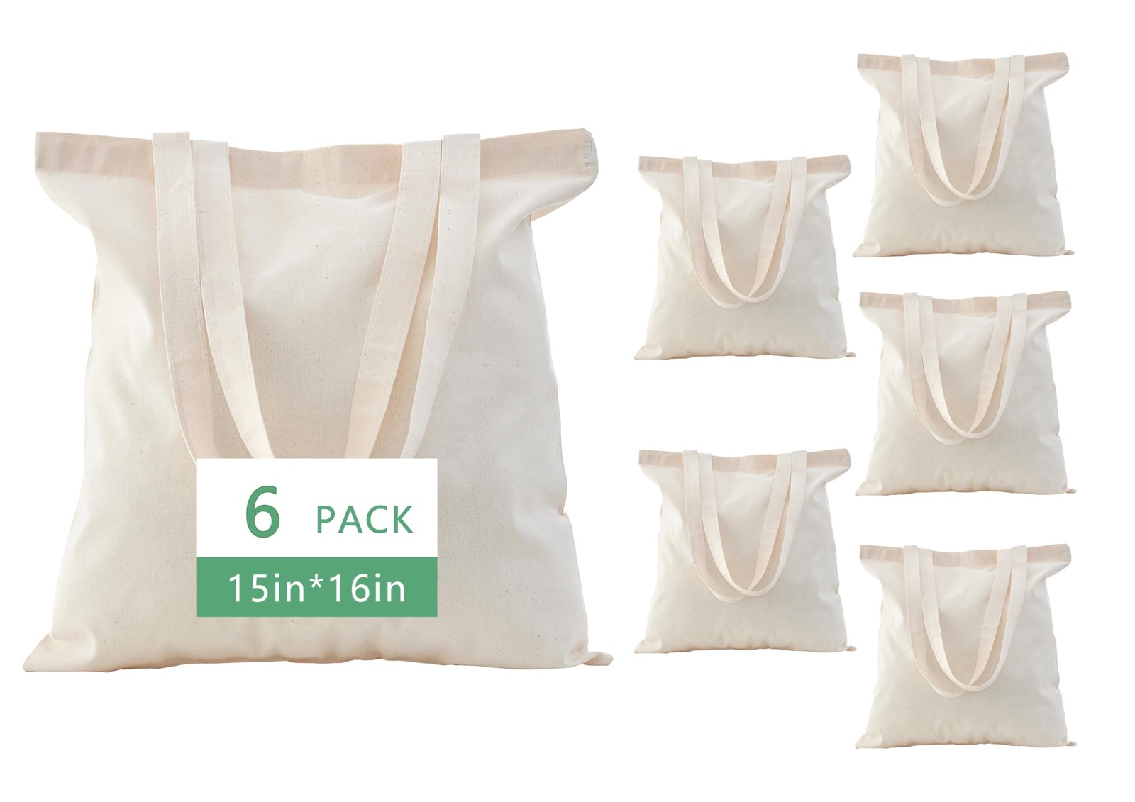 6 Pack Natural Canvas Cotton Tote Bags 15×16 – Heavy-Duty Reusable Canvas Tot…
