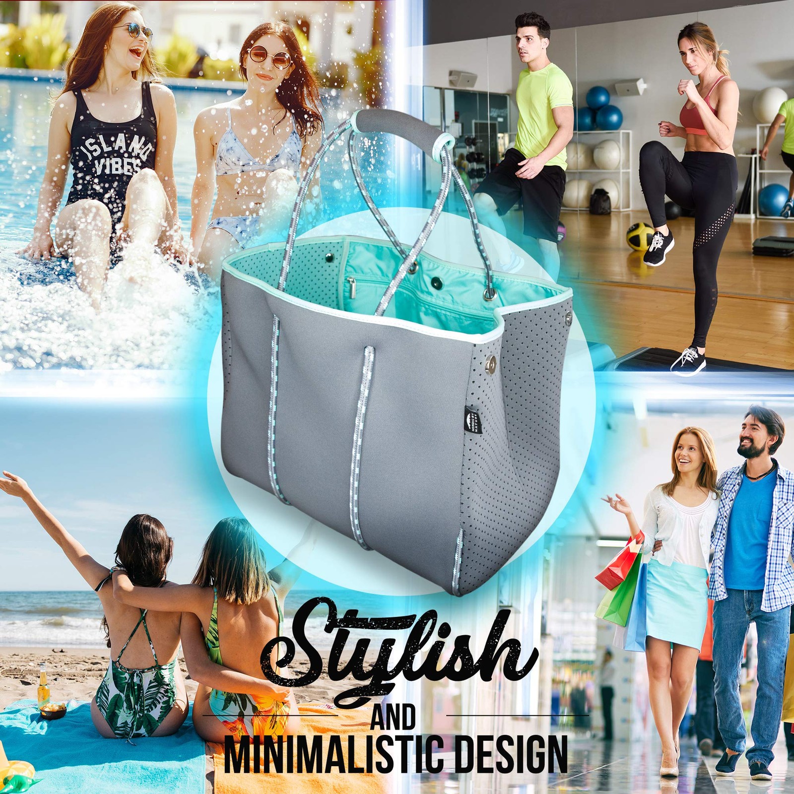 Large Designer Neoprene Beach Bag Tote For Women & Men | Versatile Pool Bag W…
