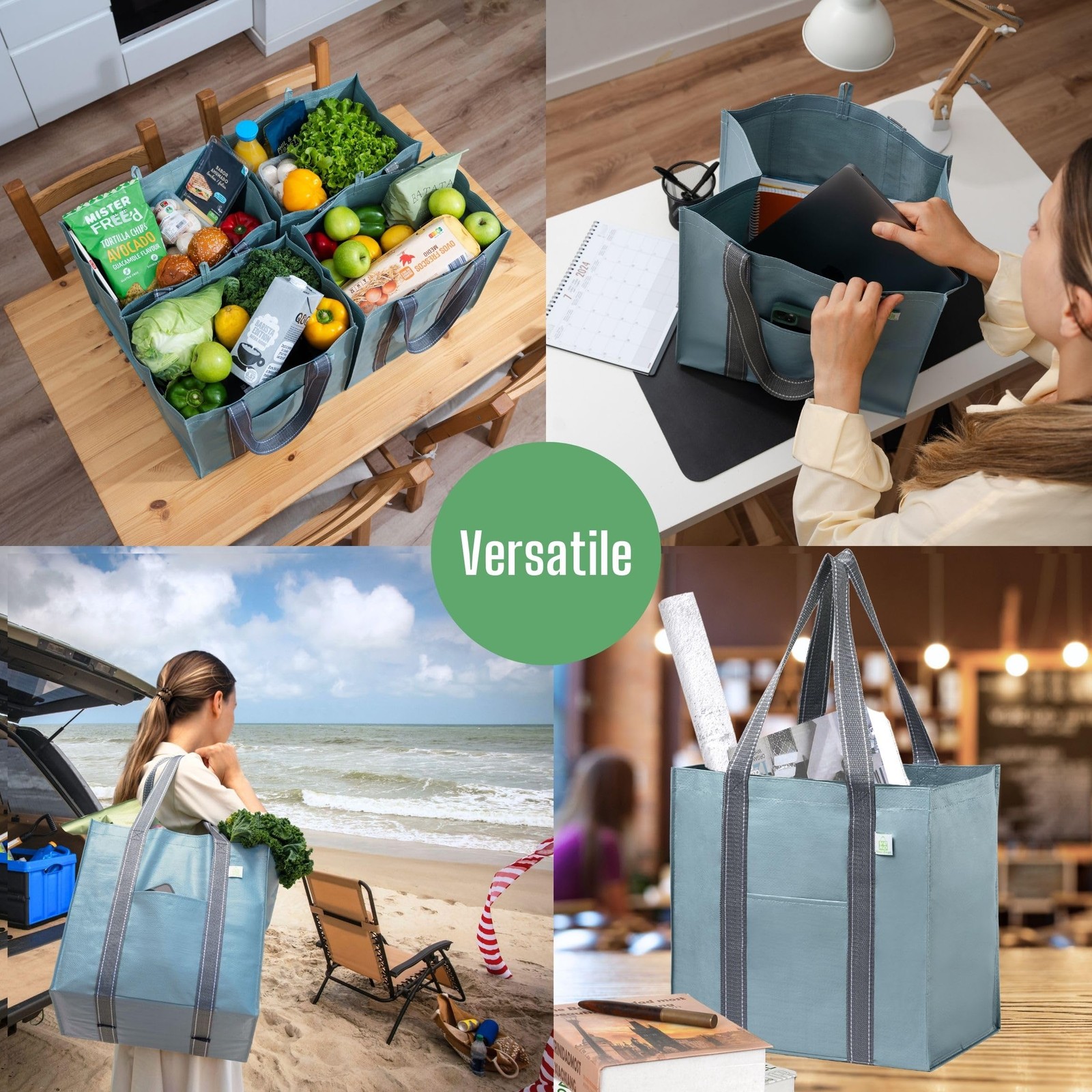 4 PCS Reusable Grocery Bags Heavy Duty Shopping Hard Bottom Light Blue
