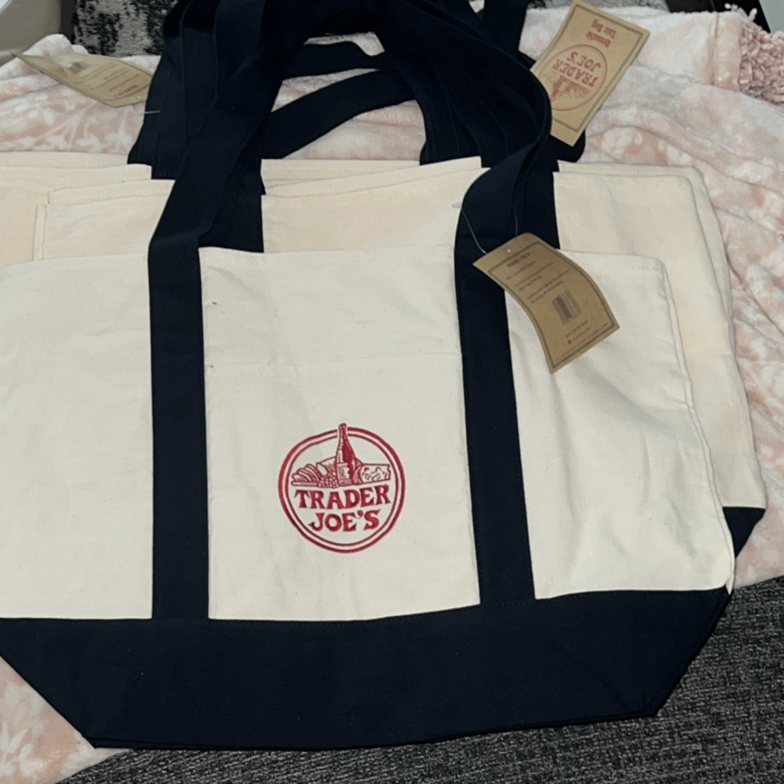 Trader Joe’s Foldable Reusable Shopping Bag White Black Solid Tote with Logo
