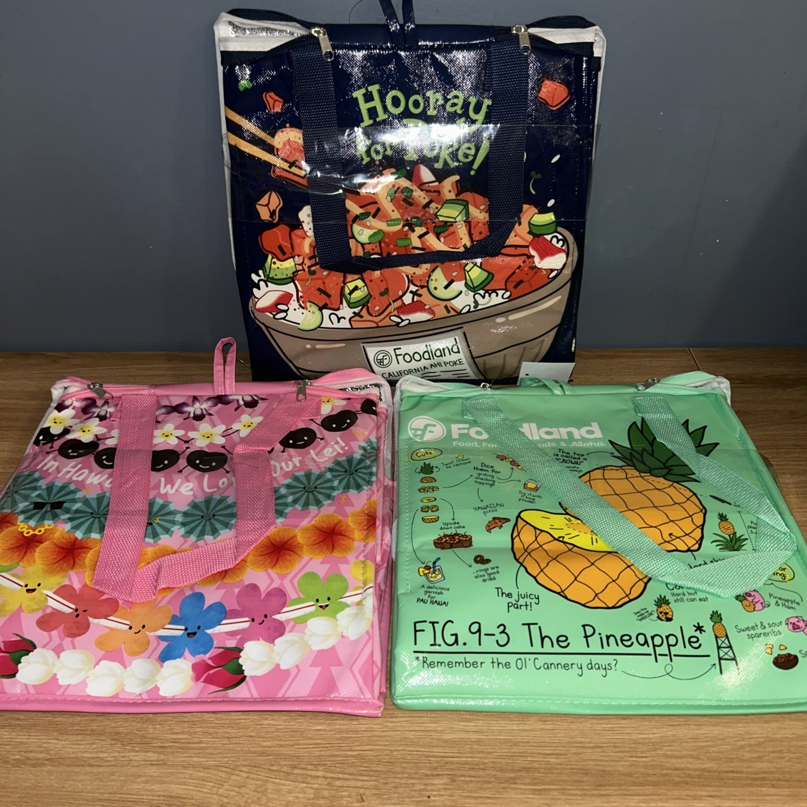 Foodland Hawaii Set Of 3 Insulated Reusable Bags ~ Poke/pineapple/Leis