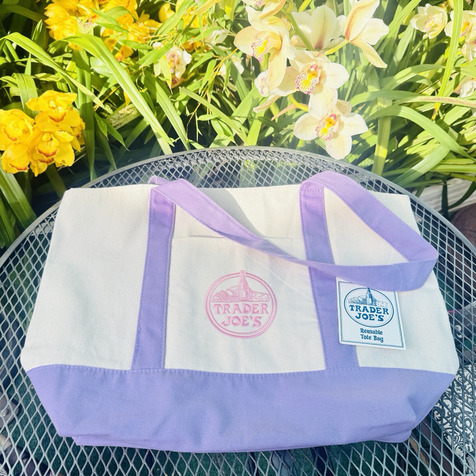 Trader Joe’s Purple White Foldable Canvas Tote Bag Colour Block Reusable