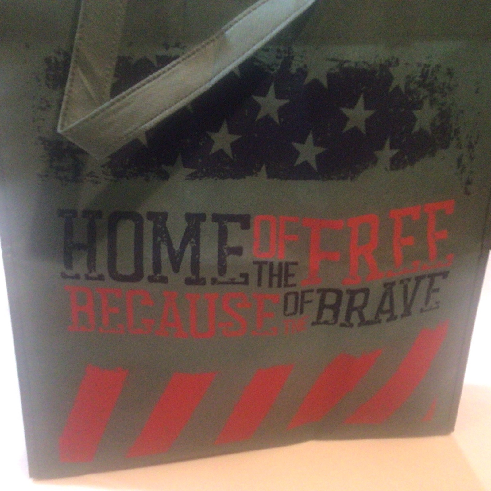 “HOME OF THE FREE BECAUSE OF THE BRAVE” – GREEN/RED/BLUE REUSABLE TOTE BAG