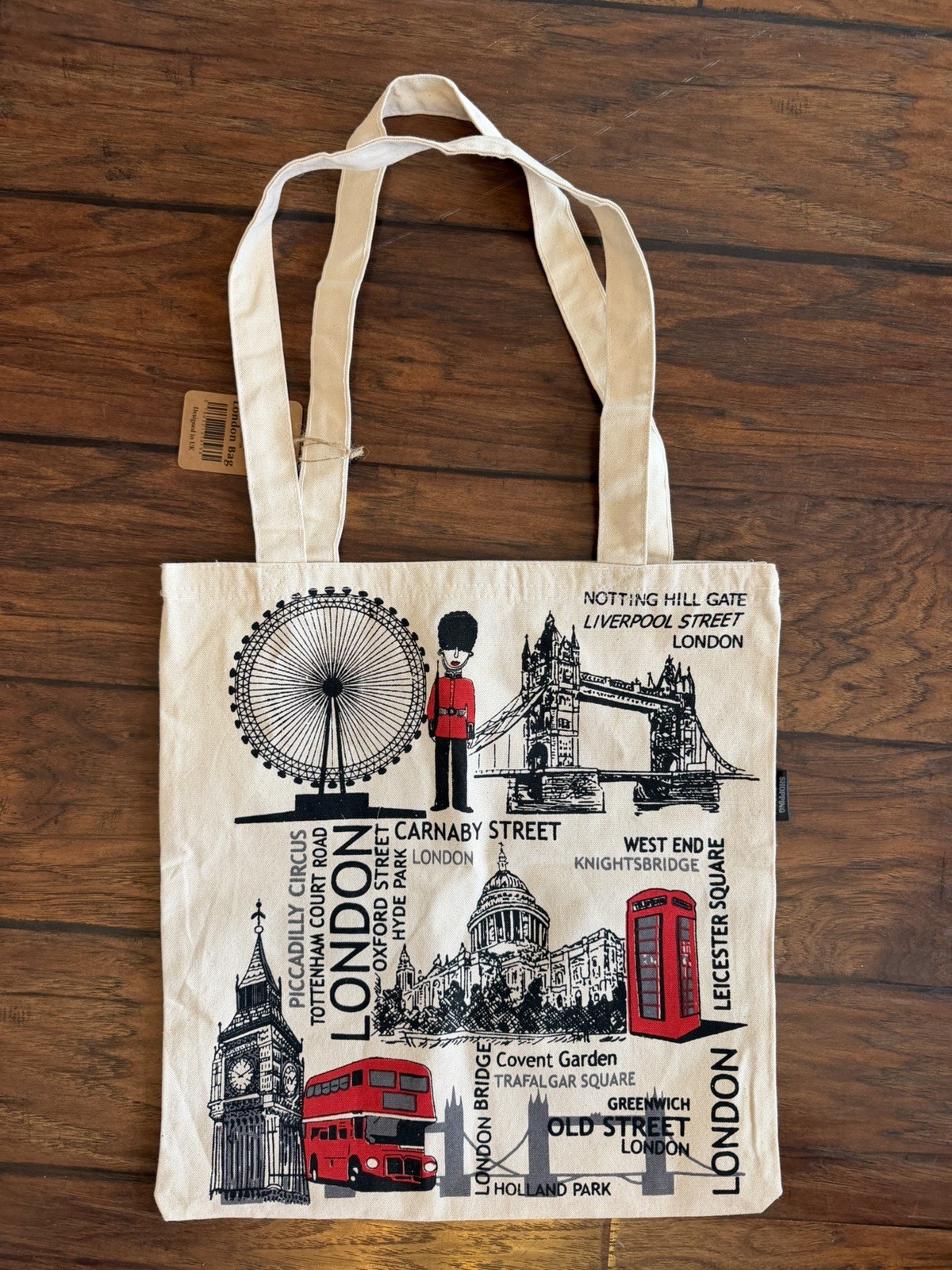 London Shopping Bag Reusable Tote 100% Cotton Red Black Beige Canvas