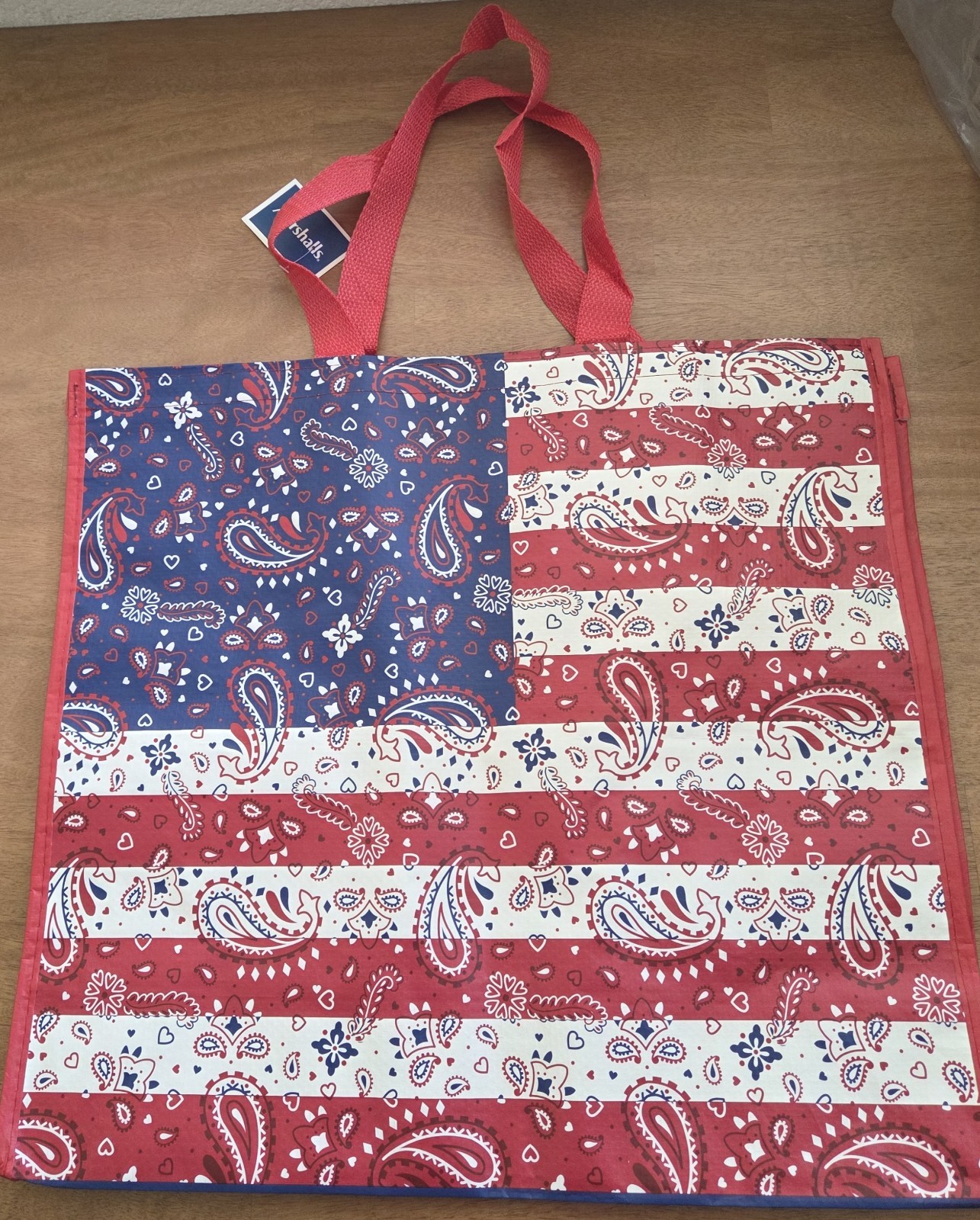 Patriotic American Flag Paisley Reusable Tote Bag Red White Blue Shopping Tote