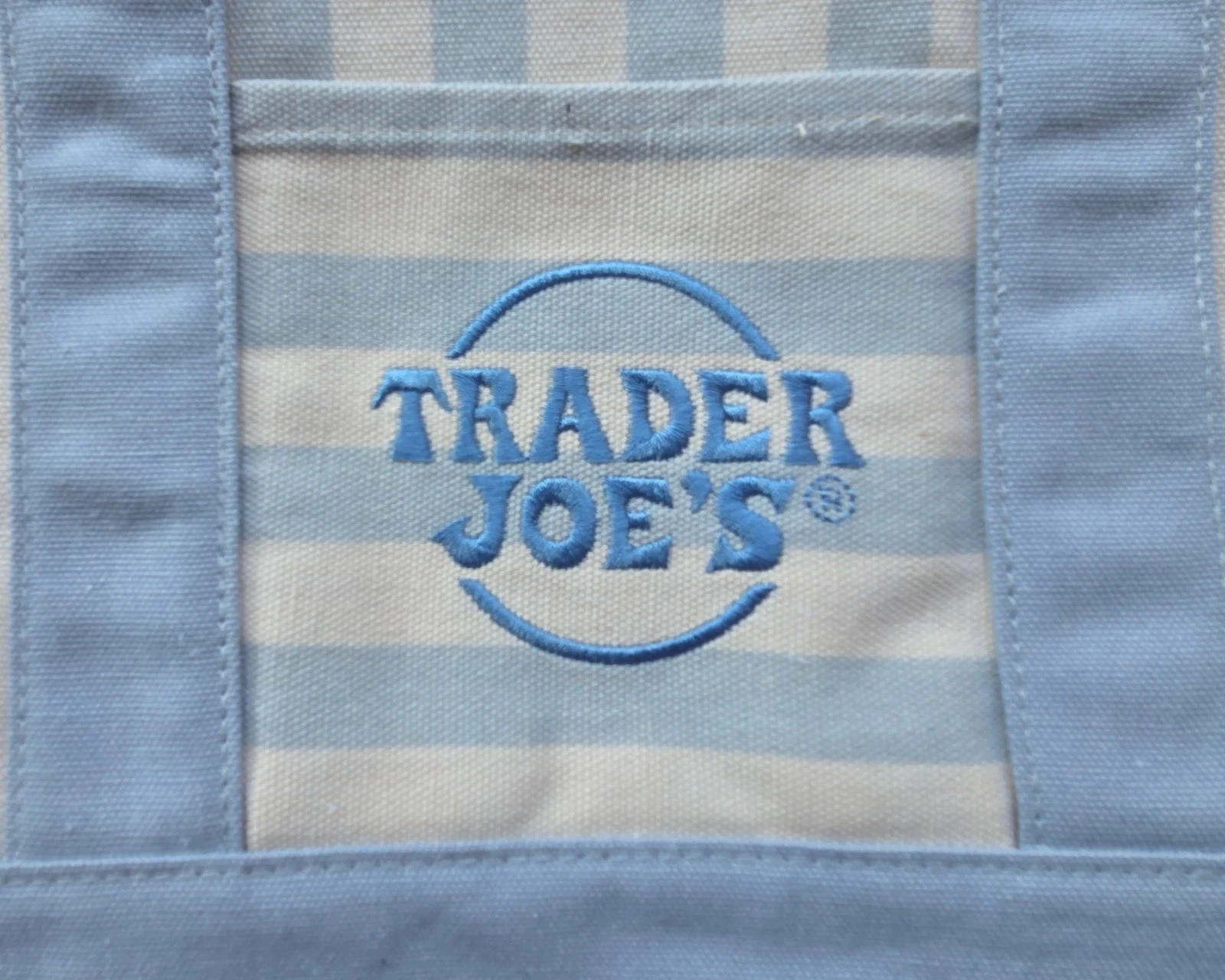 Trader Joe’s MINI Canvas Reusable Bag, with Off White or Tan, LIGHT BLUE STRIPES