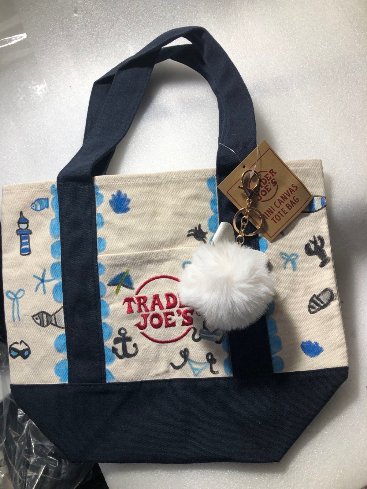 Ocean Hand Drawn Trader Joe’s Mini NAVY BLUE Canvas Tote Bag 13″Wx10″L(S)